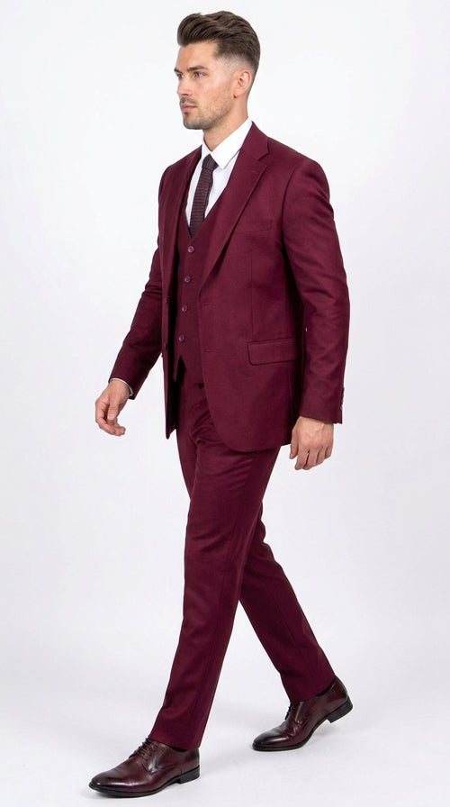 Men’s Stacy Adams Brand Burgundy 3 Piece Suit – Two Button Vested Style church wedding Modern Fit Suit