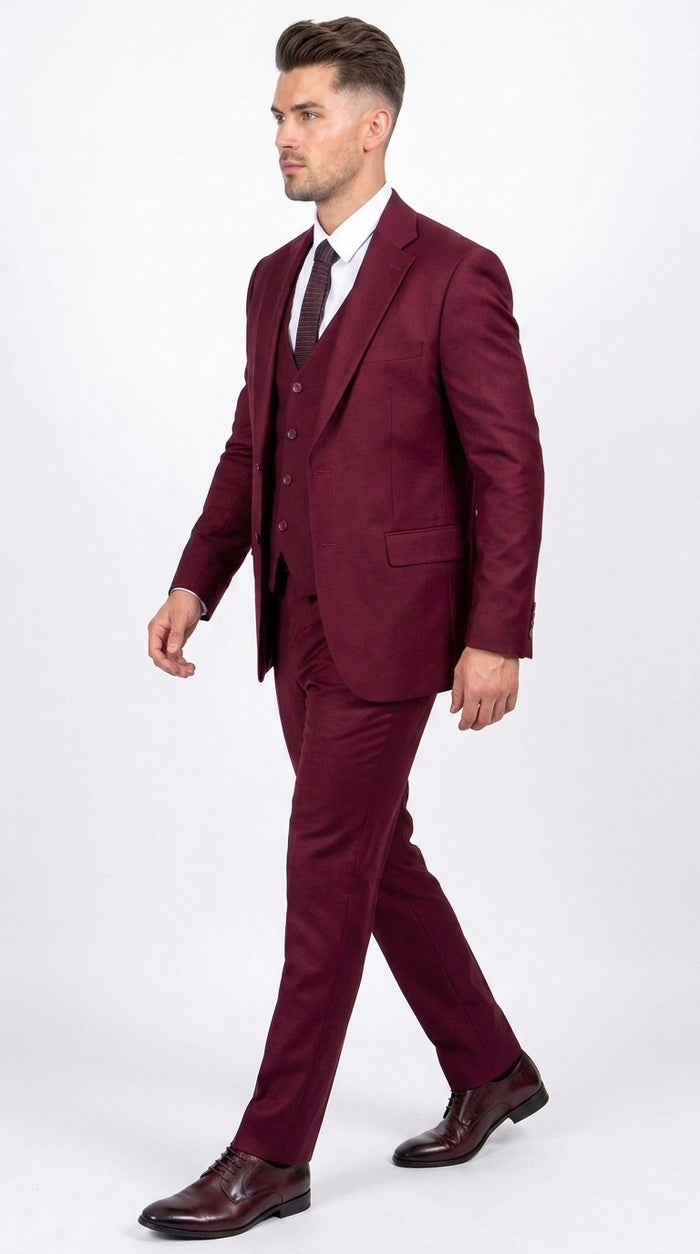 Men’s Stacy Adams Brand Burgundy 3 Piece Suit – Two Button Vested Style church wedding Modern Fit Suit