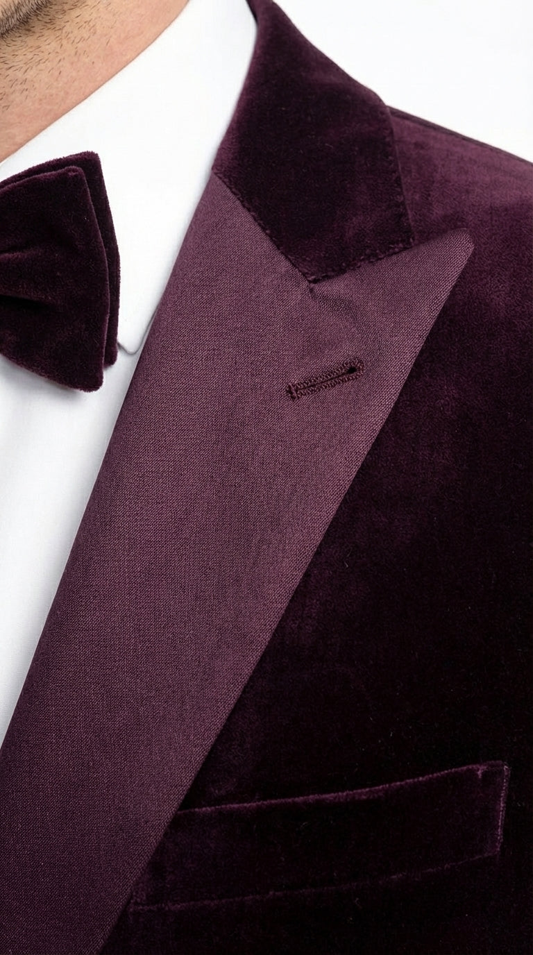 Mens Plum Eggplant Velvet Blazer Jacket – Luxury Velvet Dinner Jacket for Wedding, Tuxedo Events, Formal Parties in Burgundy Color - 36 Short