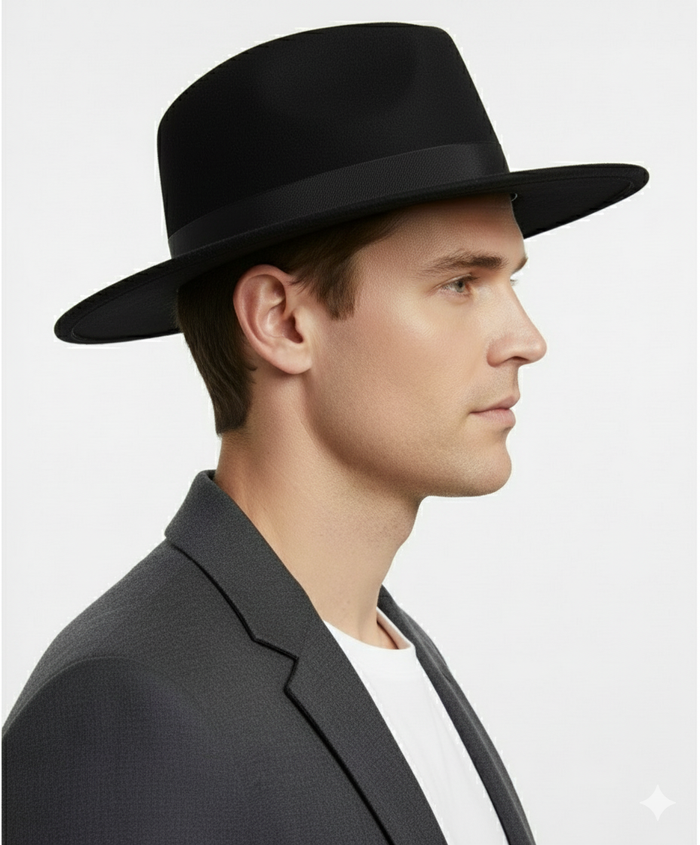 Mens Black Wide Brim Fedora Hat Classic Wool Felt Dress Hat with Matching Black Band