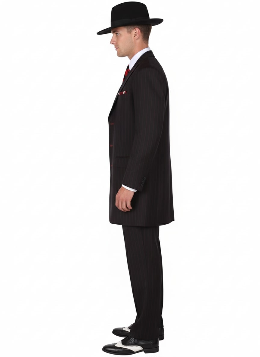 Mens Black and Red Pinstripe Zoot Suit – 1920s Gangster Vintage 3-Piece Suit for Formal, Prom, and Themed Events - 34 Short or Extra Small