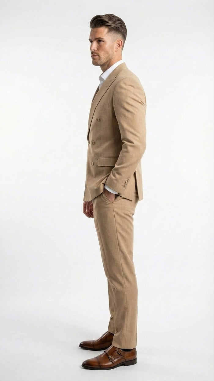 Vitali Brand Mens Beige Double Breasted Suit Classic Wedding, Prom & Party Wear Formal Outfit Khaki Camel Color