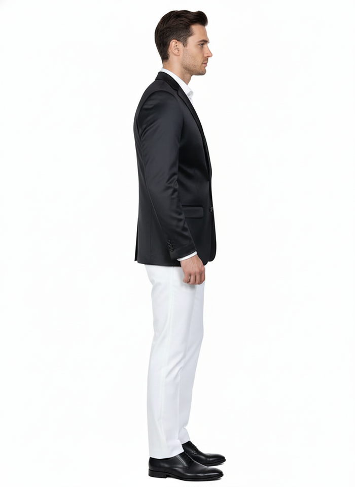 Mens Black Satin Blazer Classic Slim Fit Two-Button Formal Suit Jacket for Weddings, Parties, and Business Events