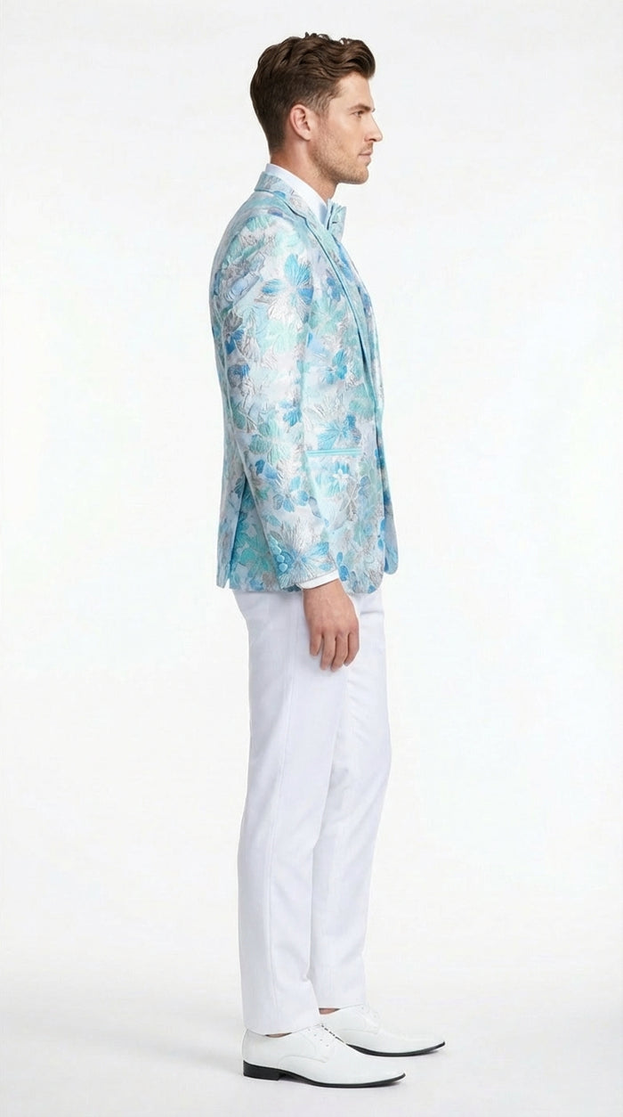Mens Light Blue Floral Jacquard Tuxedo Jacket with Matching Bow Tie | Formal Prom Wedding Blazer + Bowtie Turqoise Aqua Color
