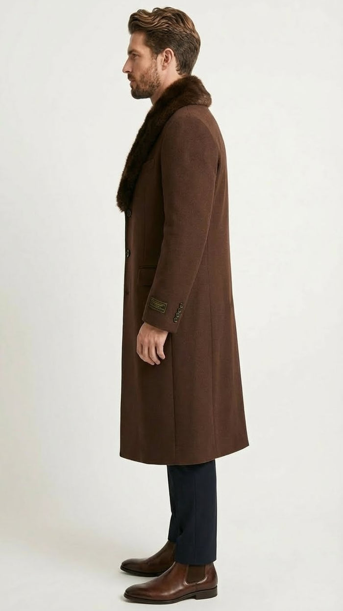Mens Brown Long Overcoat with Faux Fur Collar Classic Winter Formal Coat Three Quarter Carcoat Wool and Cashmere Fabric