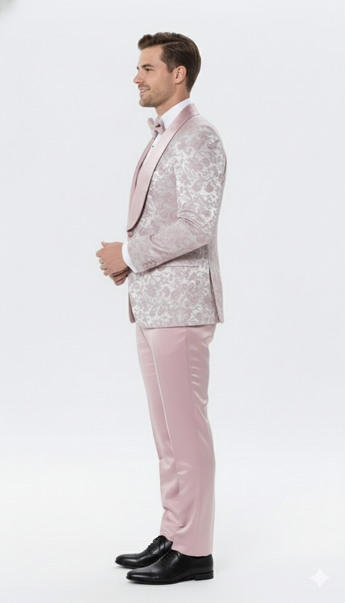 Mens Light Pink Dusty Rose -  Floral Tuxedo Suit Luxury Satin Shawl Lapel 3-Piece Formal Wedding and Prom Suit in Blush Mauve color