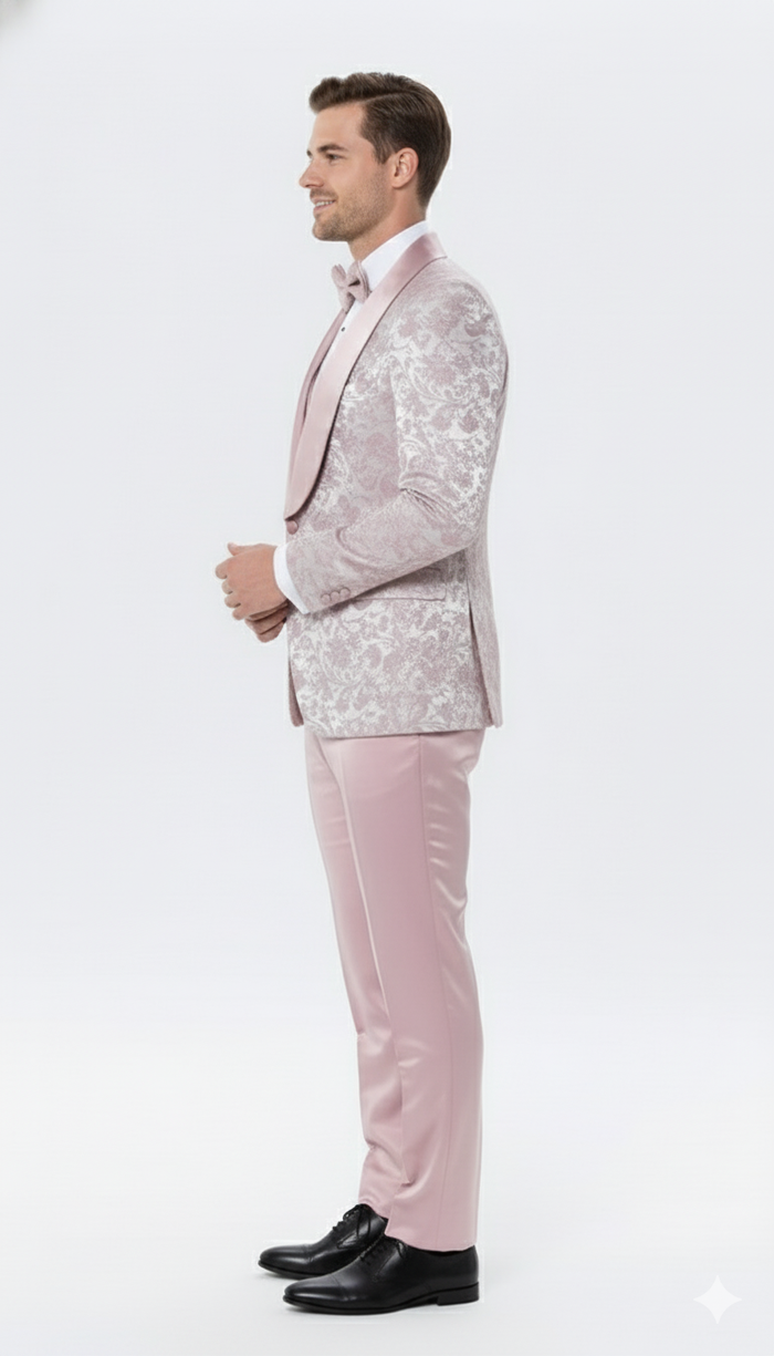 Mens Light Pink Dusty Rose -  Floral Tuxedo Suit Luxury Satin Shawl Lapel 3-Piece Formal Wedding and Prom Suit in Blush Mauve color
