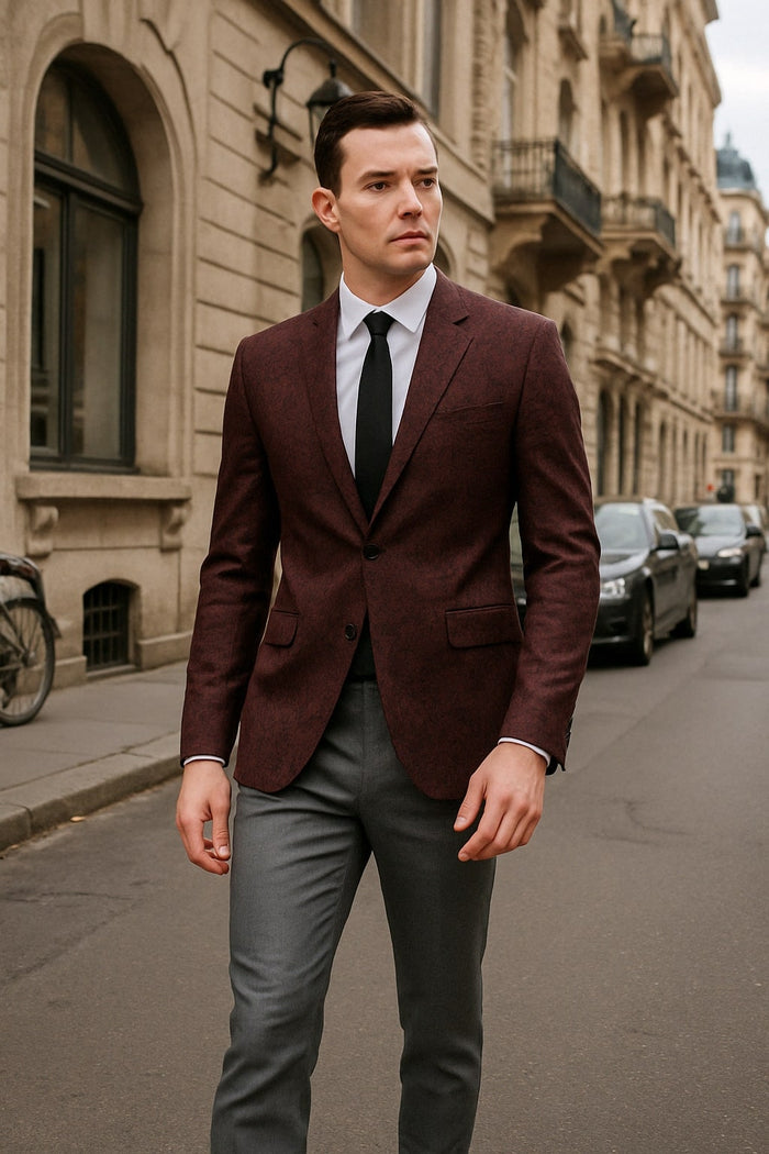 Mens Burgundy and Black Paisley Tuxedo Blazer Slim Fit Formal Dinner Jacket