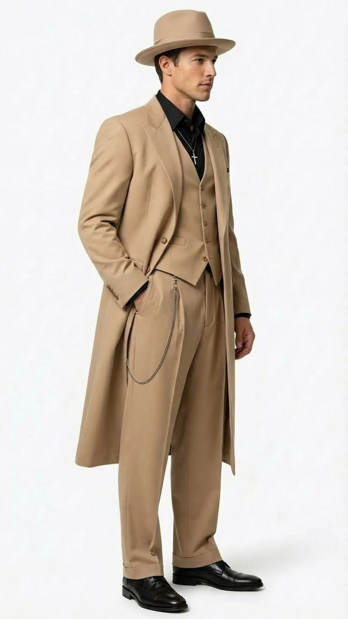 Mens 1920s Beige Zoot Suit Long Mafia Gangster Three-Piece Suit in Tan Khaki Color 40 inch Zuit Pachuco Suit