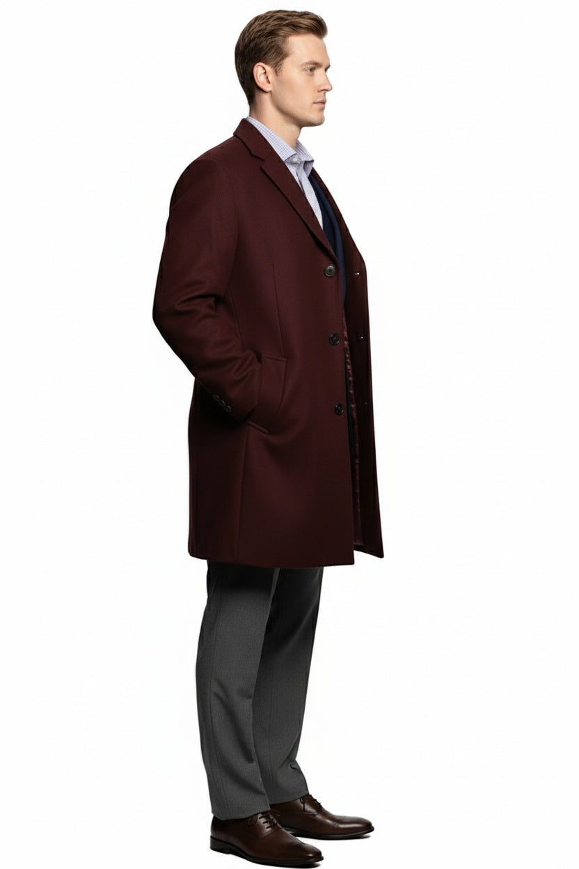 Men’s Burgundy Wool and Cashmere Car Coat – Classic Winter Topcoat for Business and Formal Wear - Coat Size 38