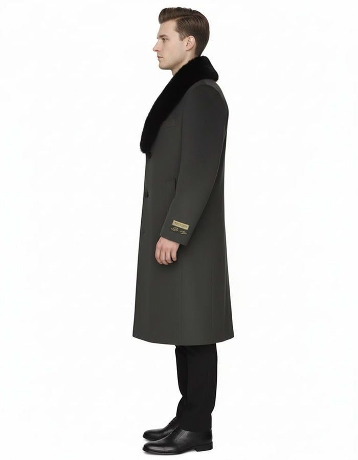 Mens Full Length Olive Overcoat with Black Fur Collar Luxury Wool Fabric Winter Long Coat in Hunter Green