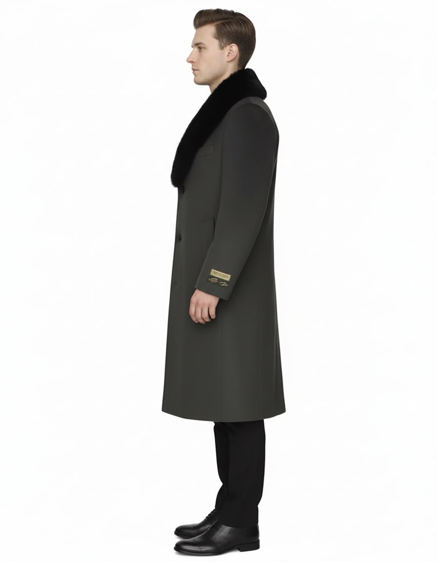 Mens Full Length Olive Overcoat with Black Fur Collar – Luxury Wool Fabric Winter Long Coat in Hunter Green - Coat Size 38