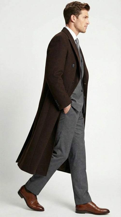Mens Brown Long Overcoat Double Breasted Classic Formal Winter Coat for Business, Topcoat and Cold Weather Wear