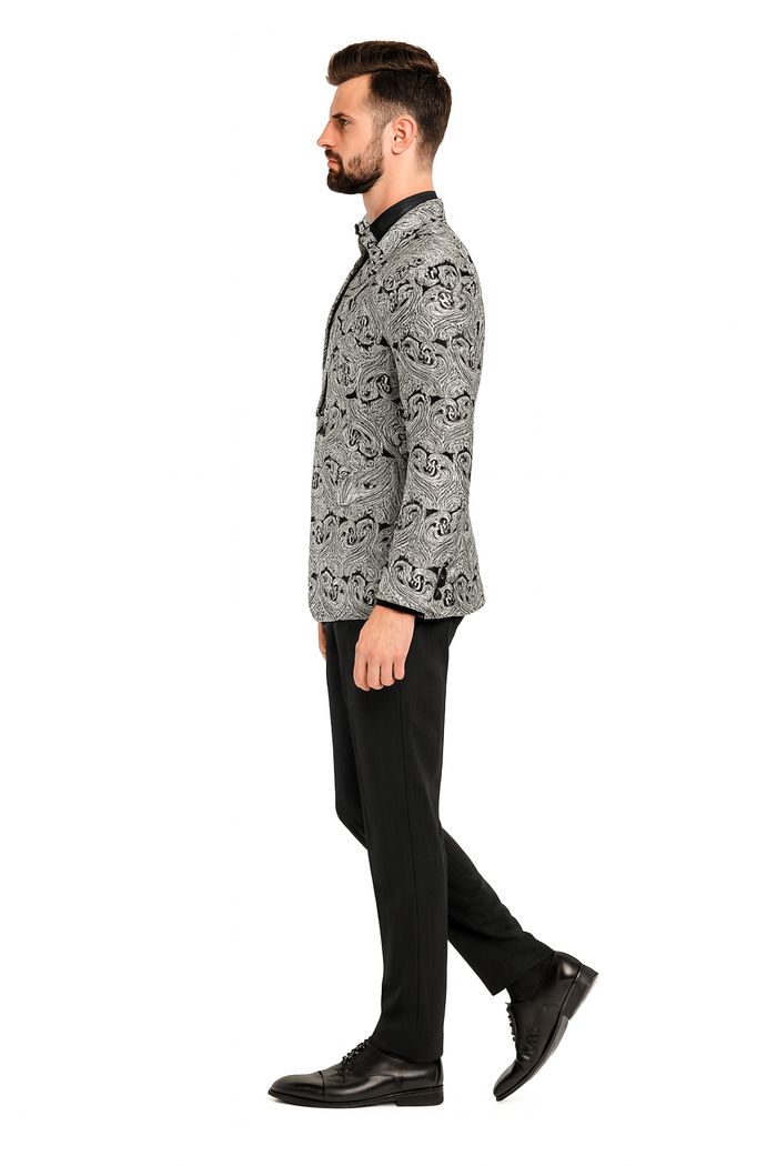 Mens Black and Silver Paisley Tuxedo Jacket â€“ Slim Fit Dinner Blazer with Matching Bow Tie with Black Pants