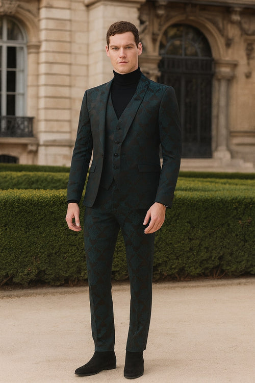 Mens Emerald Green Floral Jacquard 3-Piece Tuxedo Suit Slim Fit Formal Set with Blazer, Vest, and Pants Paisley Fabric - Ultra slim fitted