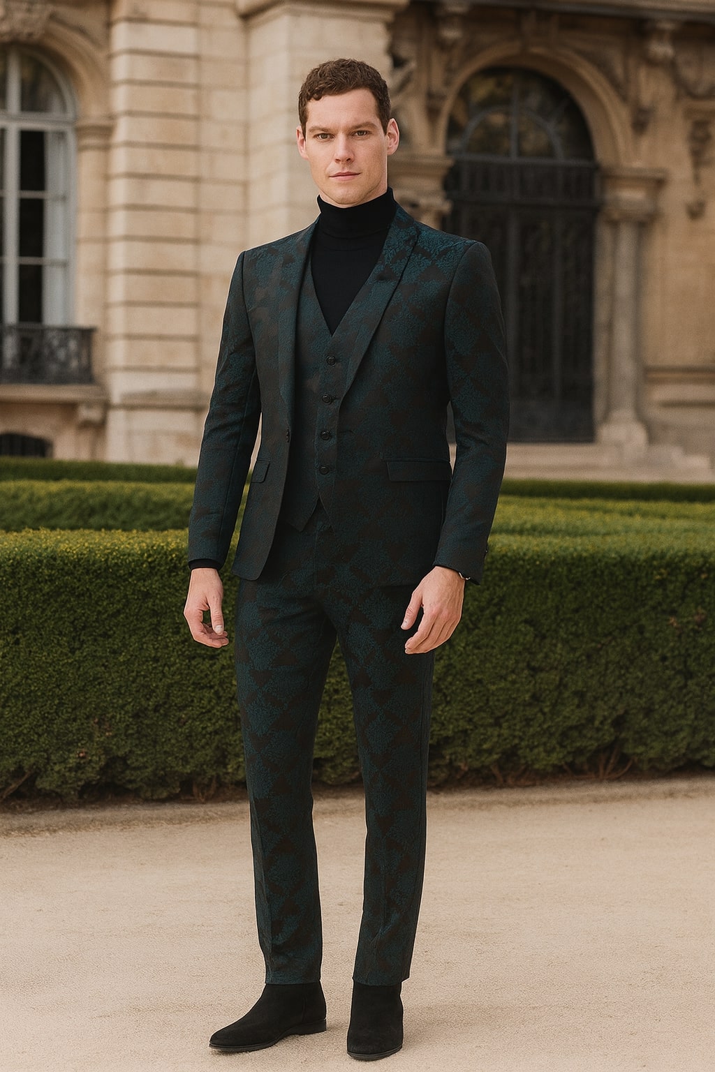 Men’s Emerald Green Floral Jacquard 3-Piece Tuxedo Suit – Slim Fit Formal Set with Blazer, Vest, and Pants Paisley Fabric - Ultra slim fitted - 34 Short or Extra Small