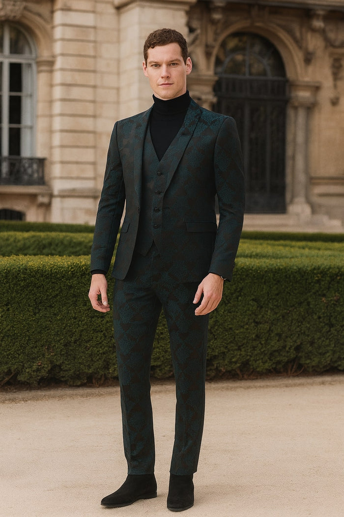 Mens Emerald Green Floral Jacquard 3-Piece Tuxedo Suit Slim Fit Formal Set with Blazer, Vest, and Pants Paisley Fabric - Ultra slim fitted