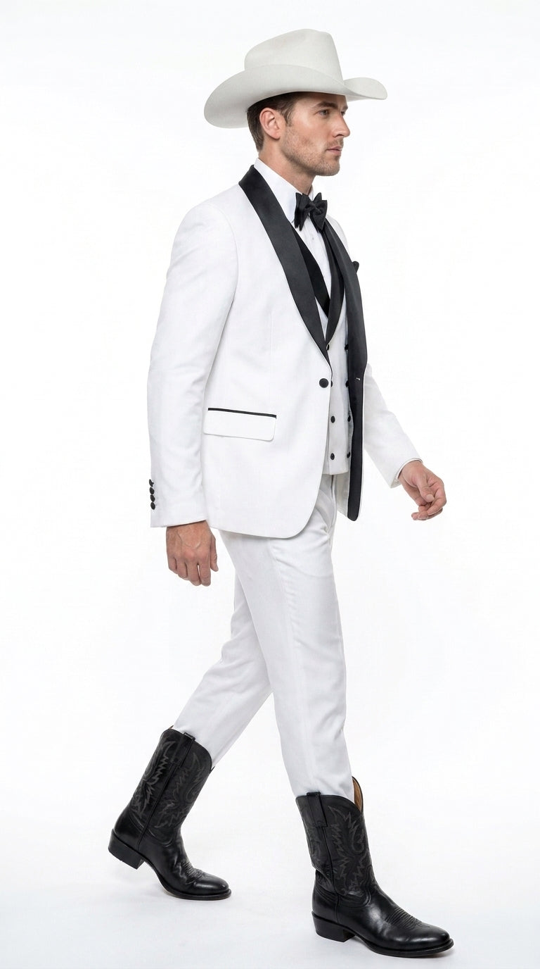 Men’s White and Black Western Wedding Tuxedo – Cowboy Style 3-Piece Traje para Boda with Double-Breasted Vest - 34 Short or Extra Small