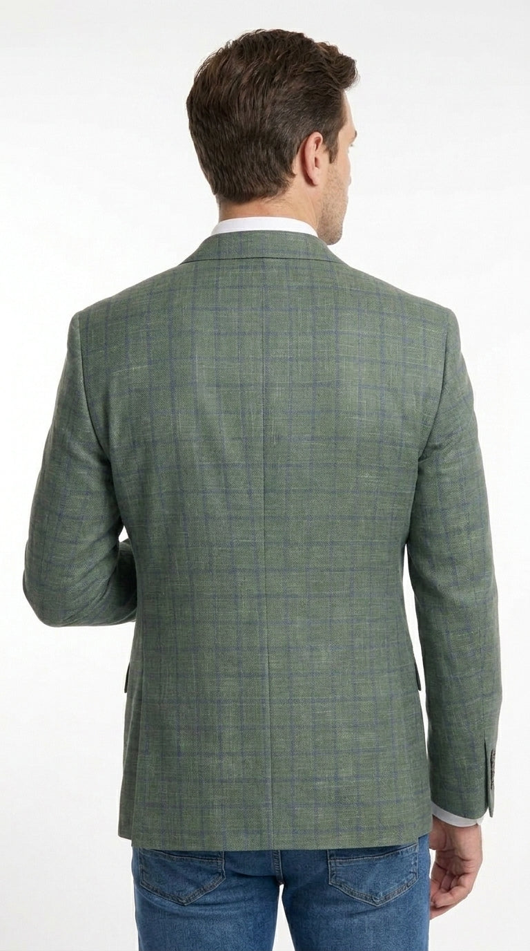 Men’s Sage Green Windowpane 2-Piece Suit – Modern Fit Plaid Wedding, Business and Formal Suit - 36 Short