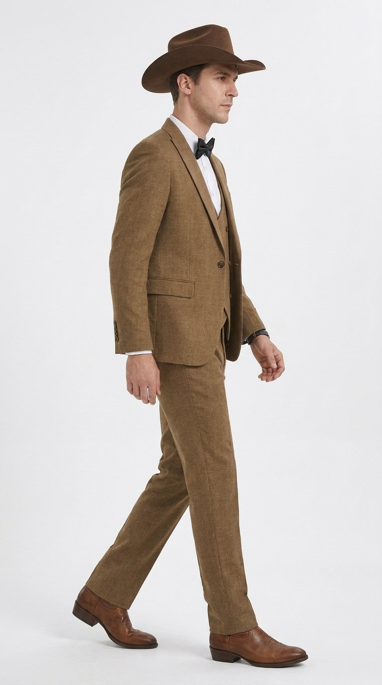 Men’s Light Brown Western 3-Piece Suit – Cowboy Wedding Suit with Vest British Khaki Bronze Color