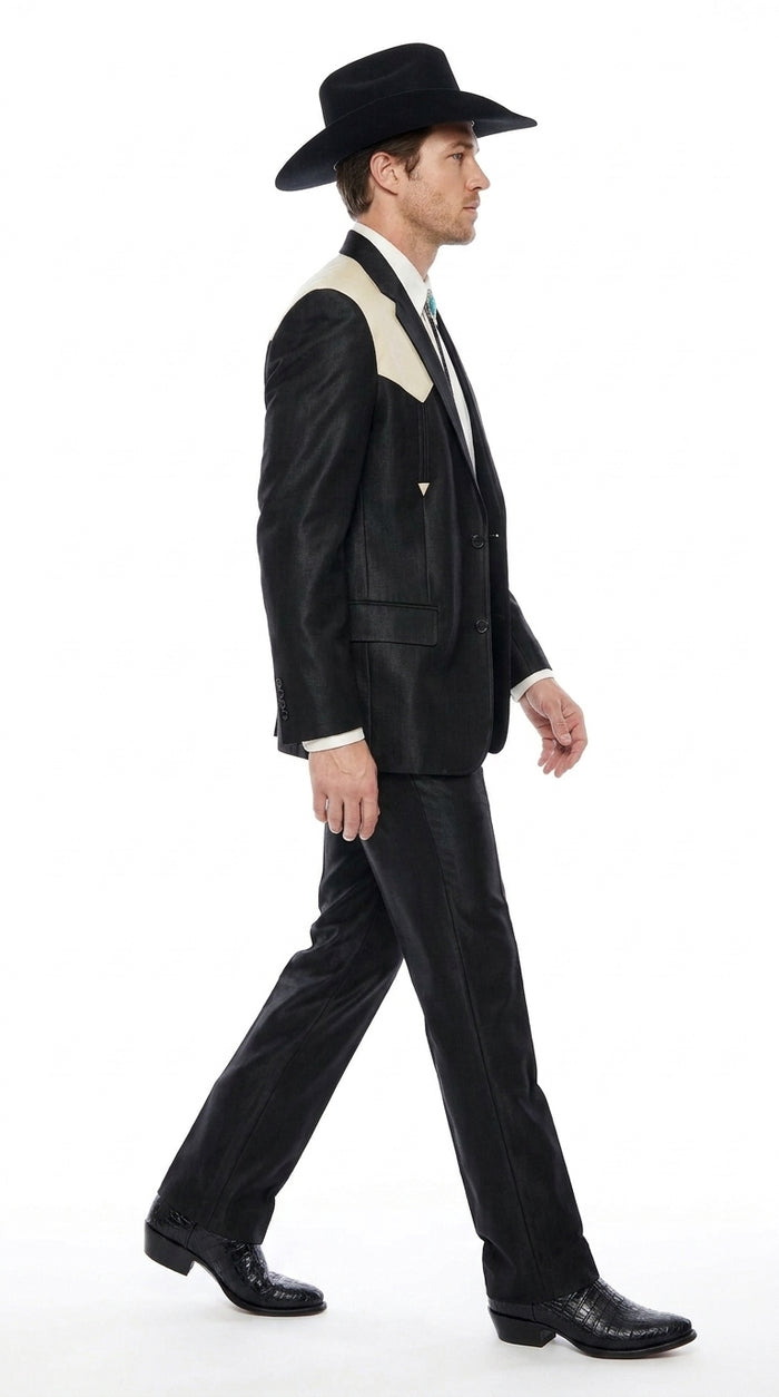Men's Black Western Suit with White Shoulder Yoke – 2 Piece Cowboy Wedding Suit & Western Blazer with Matching Dress Pants
