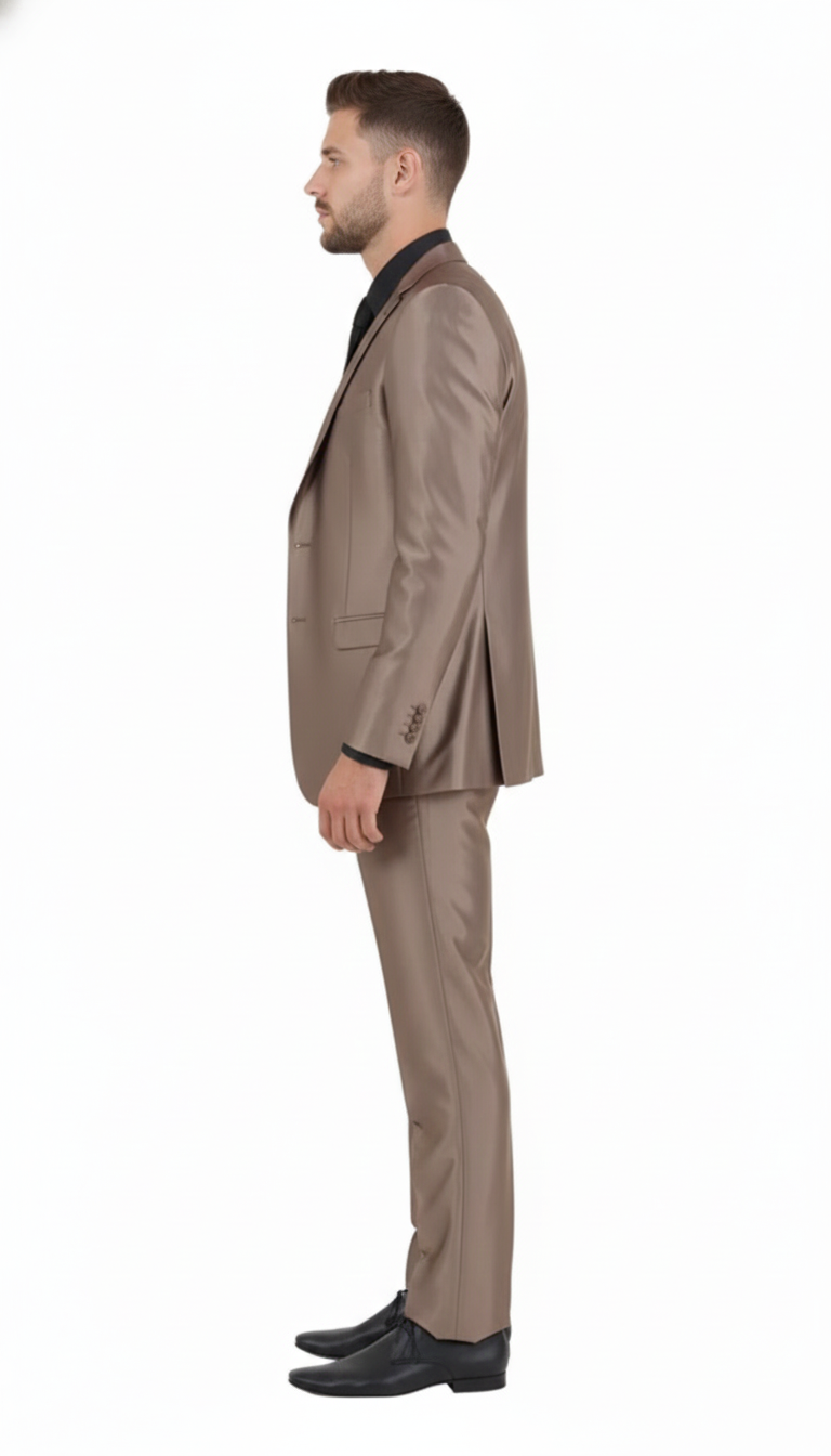 Menâ€™s Sateen Shiny Metallic Mocca Taupe Gold Bronze 3-Piece Suit Set â€“ Shiny Finish slim Fit Formal and Party Suit - 34 Short or Extra Small