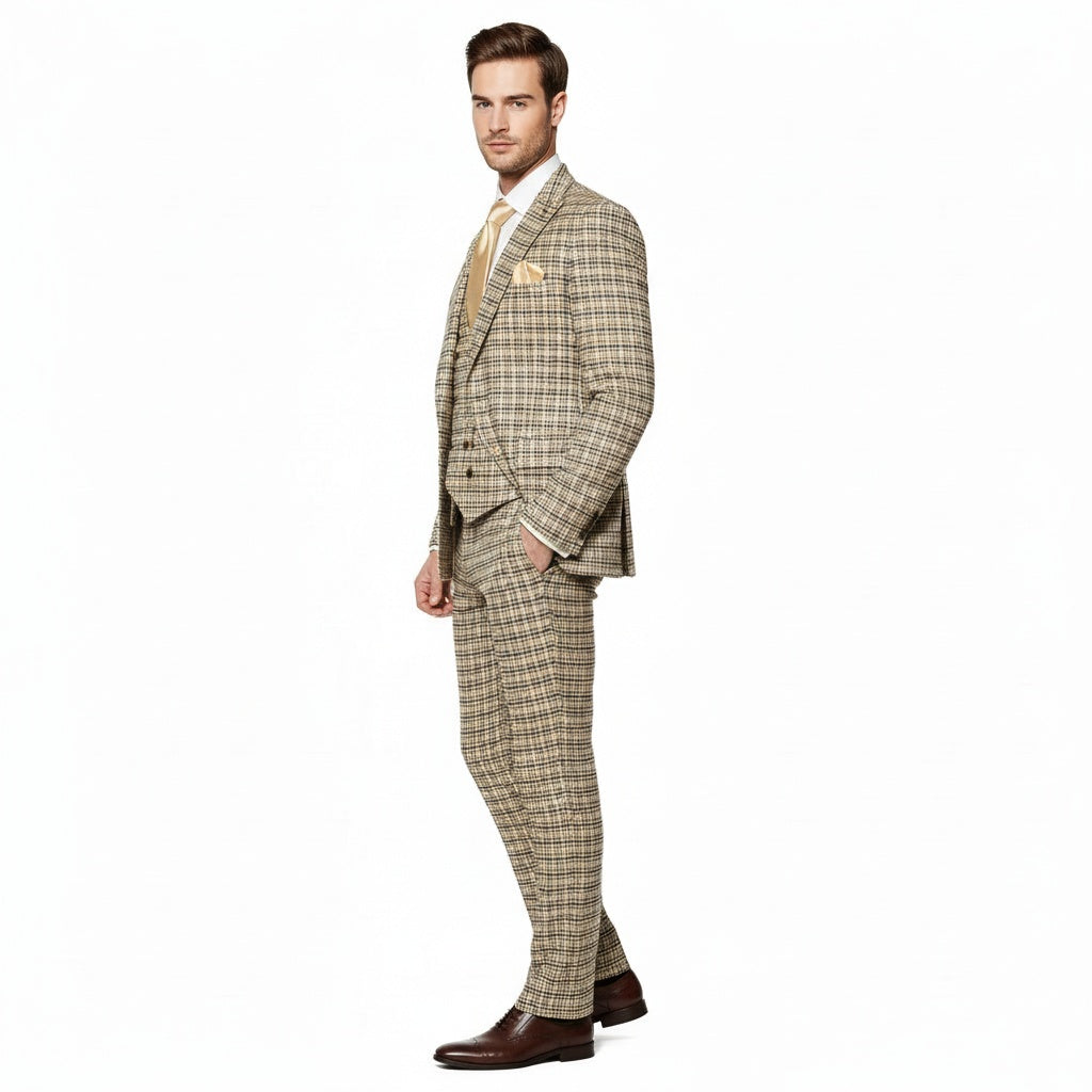 Men’s Beige and Navy Check 3-Piece Suit Set – Premium Tailored Fit Formal Wedding and Business Suit By Rossiman - 34 Short or Extra Small