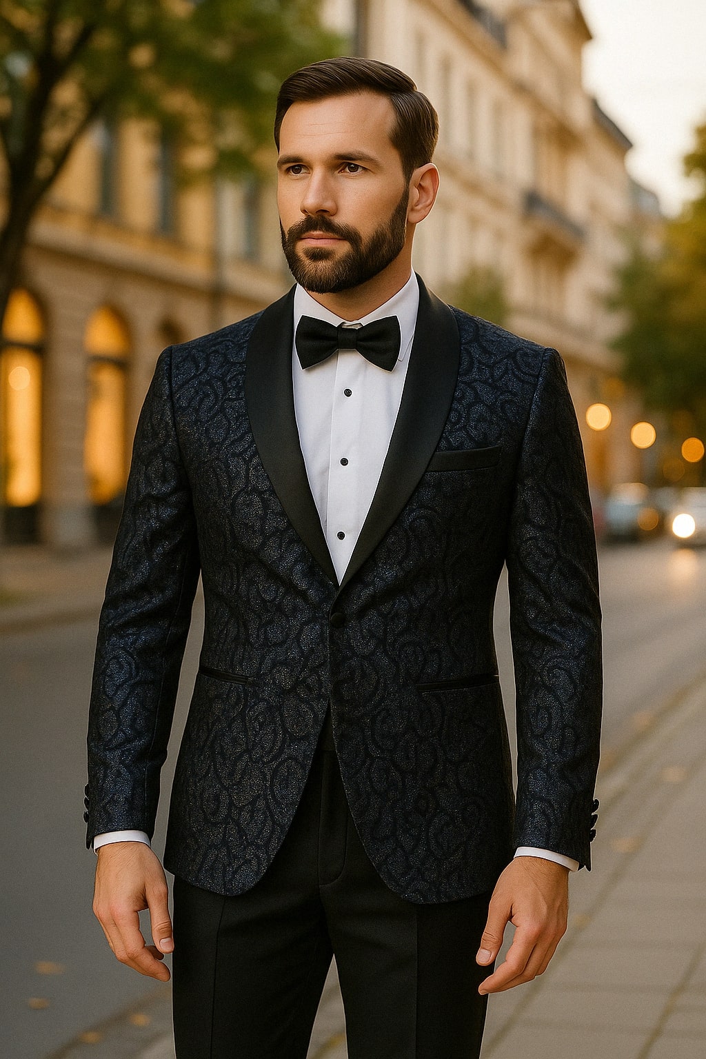 Mens Navy Black Glitter Floral Tuxedo Dinner Jacket with Satin Lapel- Blue Blazer Sequin Fabric - 34 Short or Extra Small