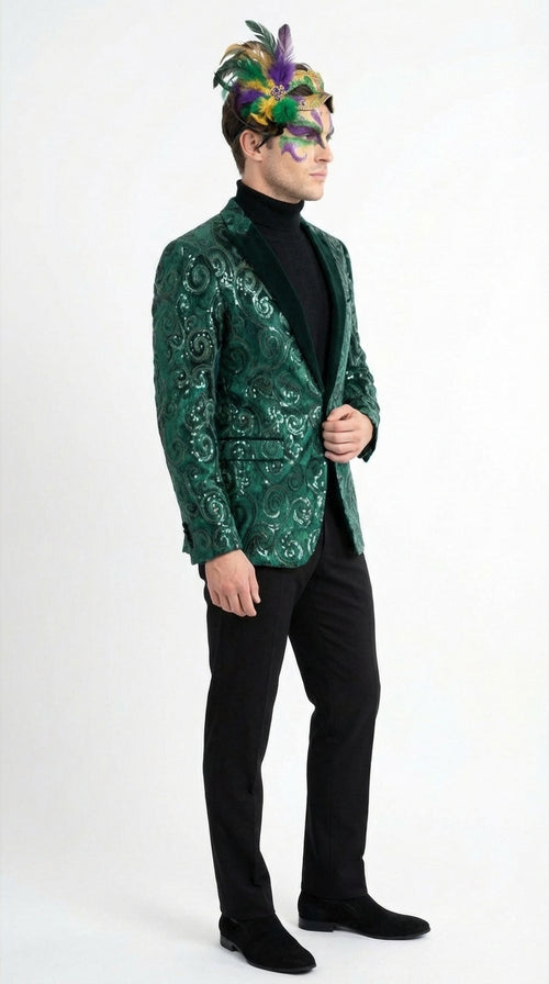 Mens Emerald Green Mardi Gras Blazer with Black Satin Lapel Paisley Swirl Pattern Formal Party Jacket