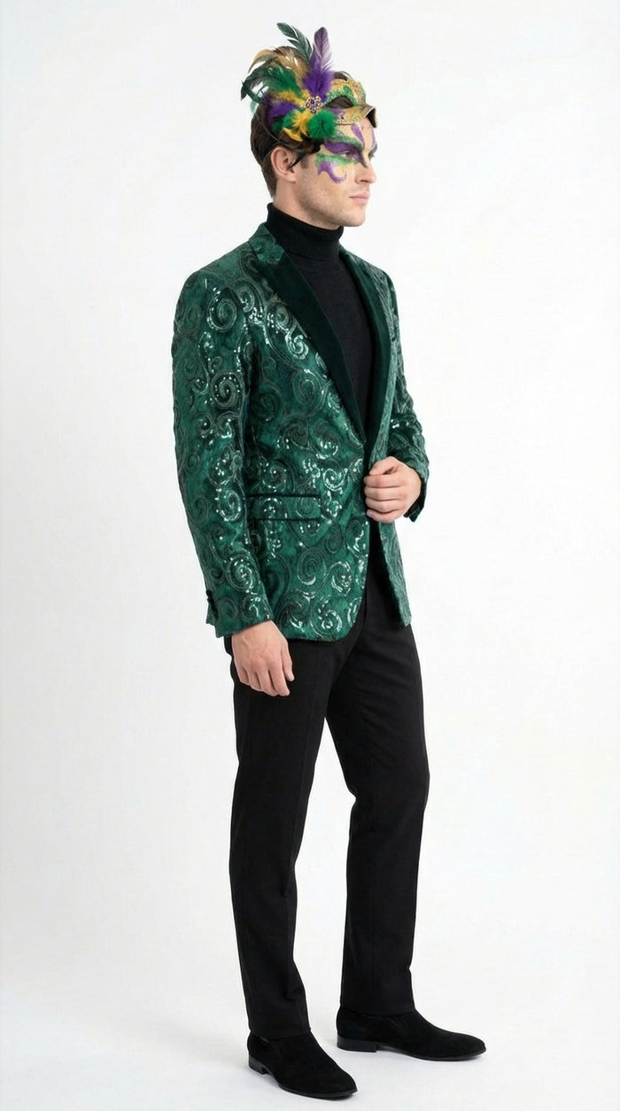 Mens Emerald Green Mardi Gras Blazer with Black Satin Lapel Paisley Swirl Pattern Formal Party Jacket