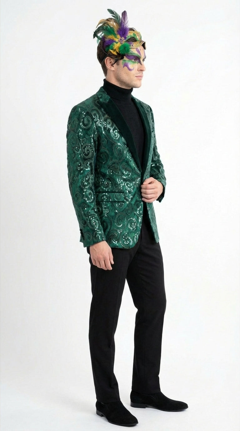 Mens Emerald Green Mardi Gras Blazer with Black Satin Lapel Paisley Swirl Pattern Formal Party Jacket