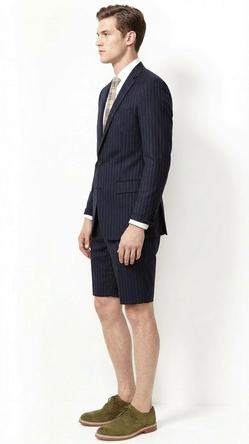 Mens Dark Navy Blue Pinstripe or Black Pinstripe  Summer Business Suit with Shorts Pants Set Sport Coat Style Formal and Casual Outfit