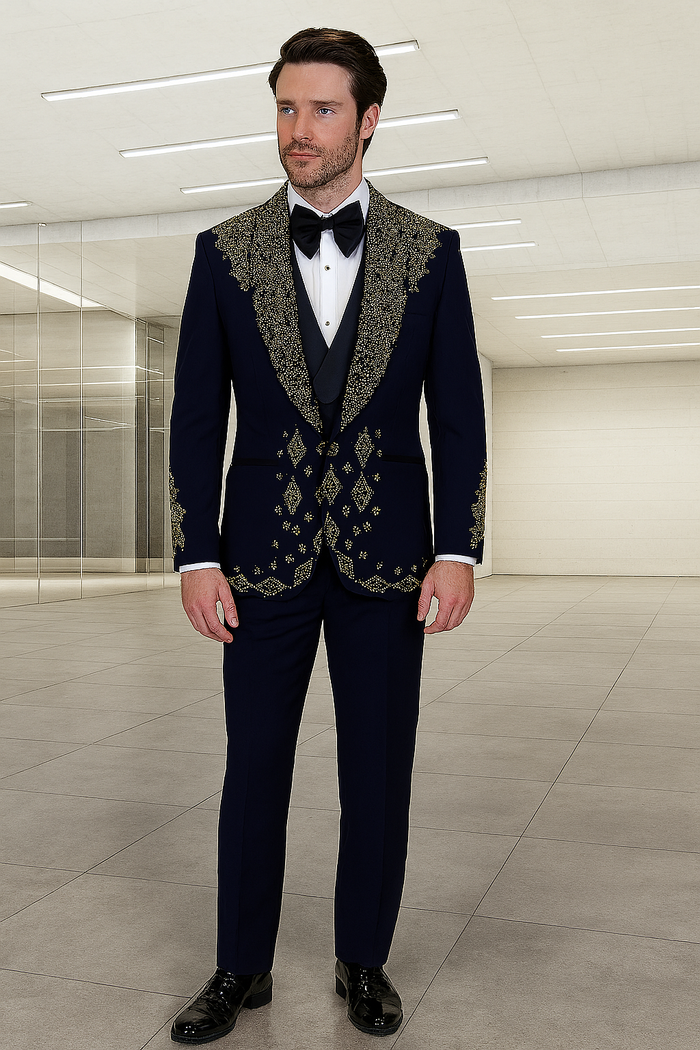 Mens Navy Tuxedo with Gold Embroidery Slim Fit Formal Dinner Jacket with Shawl Lapel