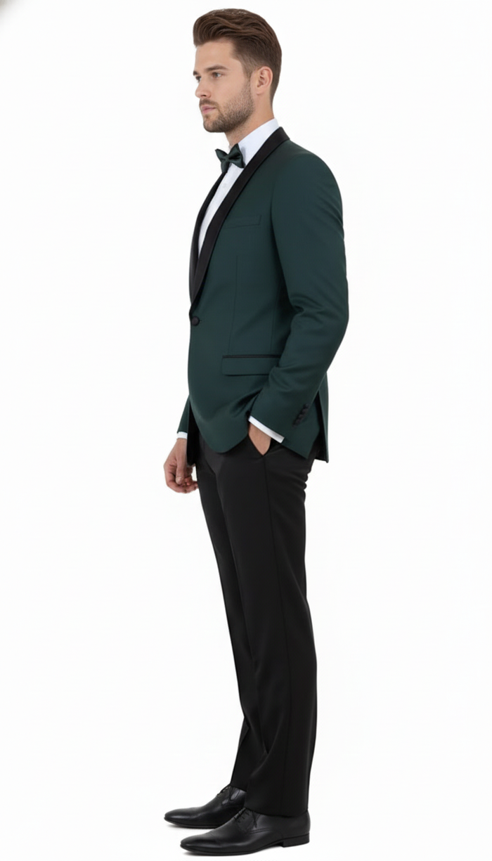 Mens Green Tuxedo Suit Slim Fit Jacket with Black Satin Shawl Lapel and Black Pants in Hunter Green