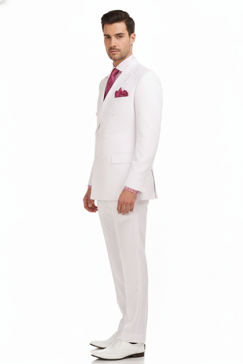 Men’s White Double-Breasted 3-Piece Suit Set – Premium Tailored Fit Formal Wedding and Evening Suit - 34 Short or Extra Small