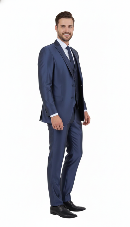 Mens Navy Blue Shiny Finish 3-Piece Suit Set Premium Tailored Fit Formal Wedding and Party Sateen Slim Fitted Suit
