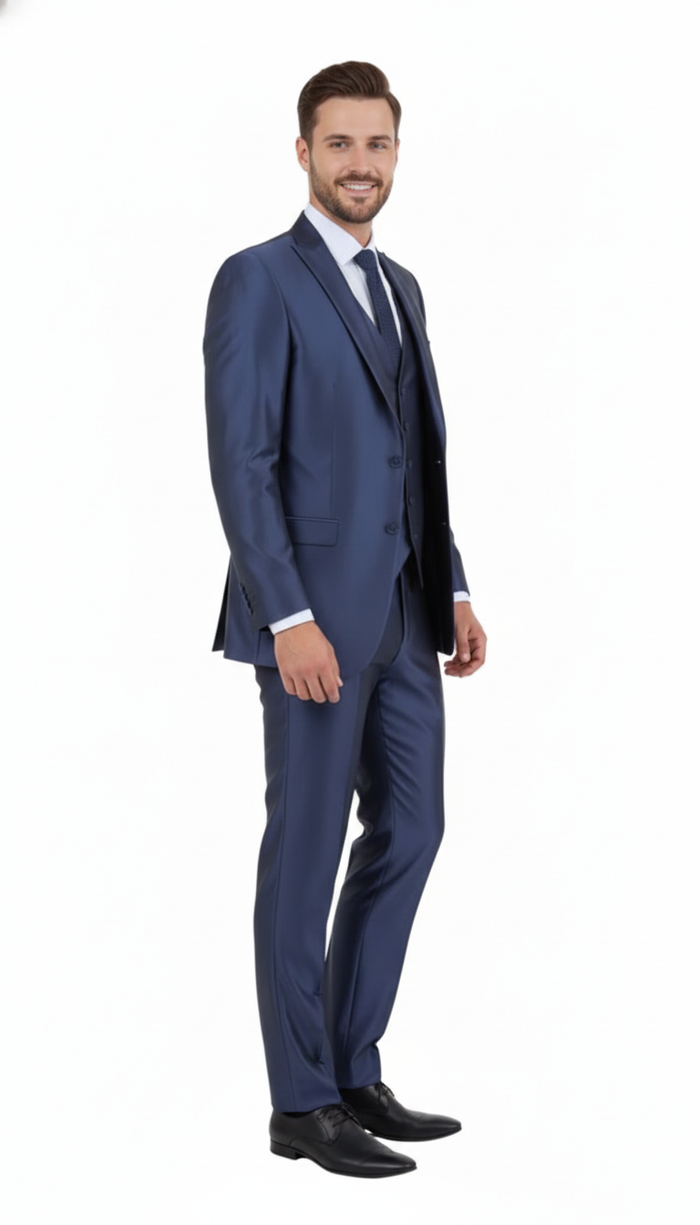 Mens Navy Blue Shiny Finish 3-Piece Suit Set Premium Tailored Fit Formal Wedding and Party Sateen Slim Fitted Suit