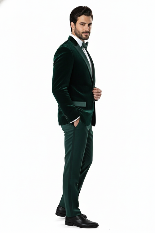 Mens Dark Green Velvet Tuxedo Dinner Jacket Slim Fit Formal Blazer with Satin Peak Lapel Lape