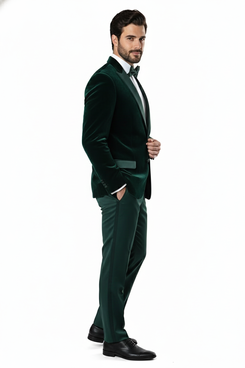 Men’s Dark Green Velvet Tuxedo Dinner Jacket – Slim Fit Formal Blazer with Satin Peak Lapel Lape - 36 Short