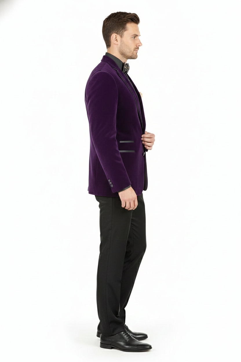 Men’s Purple Velvet Blazer – Luxury Slim Fit Formal Jacket with Black Satin Trim Tuxedo Dinner Jacket - 36 Short