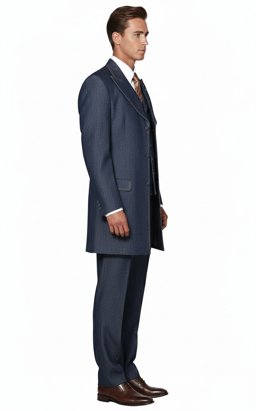 Mens Cotton Denim Three-Piece Suit Modern Blazer Denim Suit with Vest and Trousers Pleated Pants Classic Fit