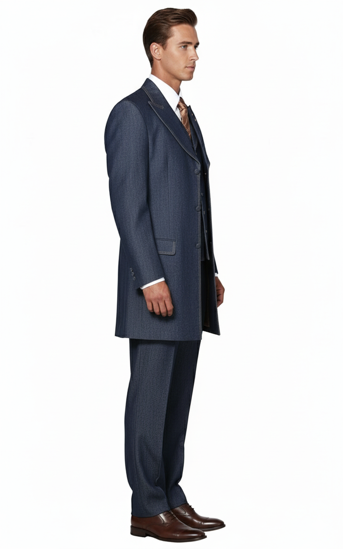 Mens Cotton Denim Three-Piece Suit Modern Blazer Denim Suit with Vest and Trousers Pleated Pants Classic Fit