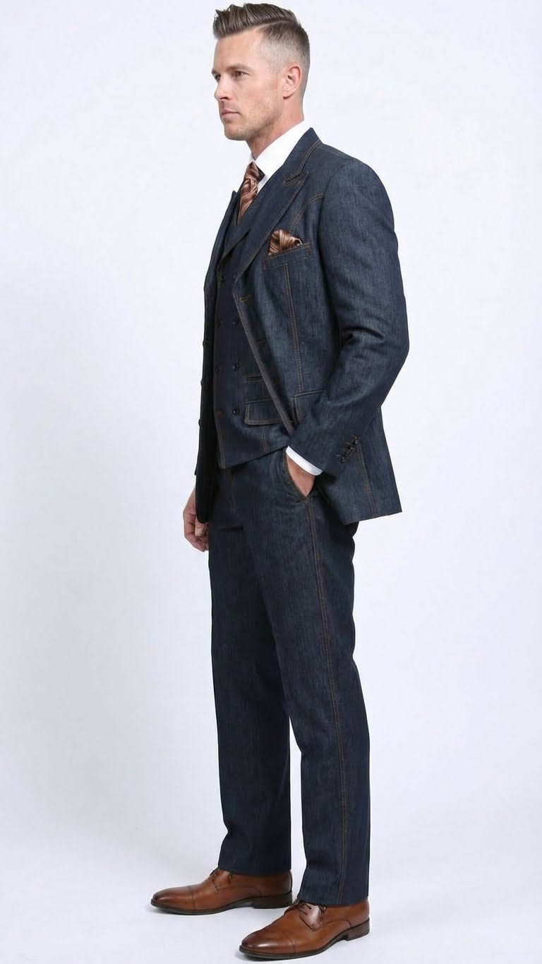 Men’s Dark Denim Blue Fabric Suit – Classic Three Piece Denim Suit for Wedding, Party and Formal Events - 34 Short or Extra Small