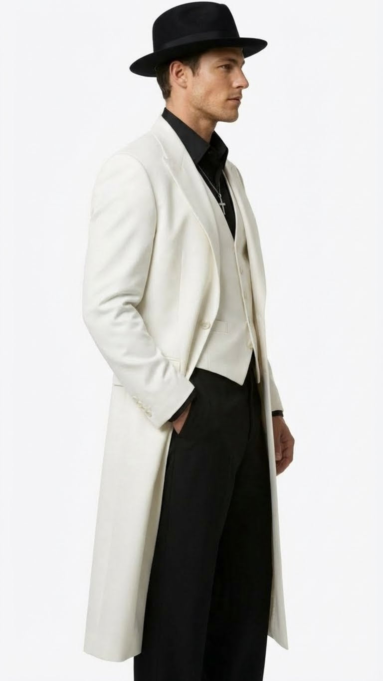 Mens White Long Zoot Suit Costume Set with Black Pants Wedding, Prom and Party Outfit 1920s - 1930s Gangster Style - Large 16.5" Neck / 36" Sleeve