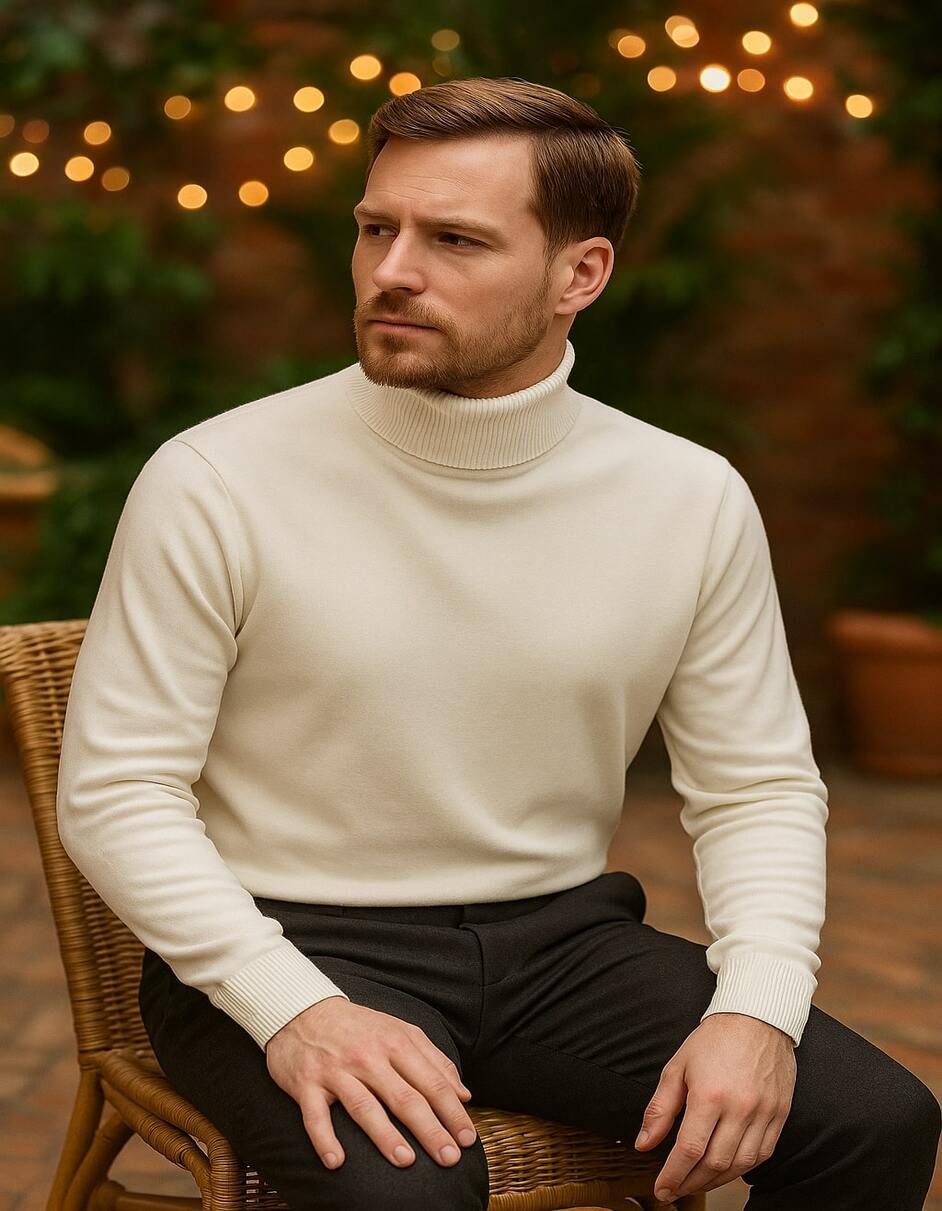 Men's Ivory Turtleneck Sweater â€“ Classic Slim Fit Knit Pullover for Winter Elegance - Cream - S