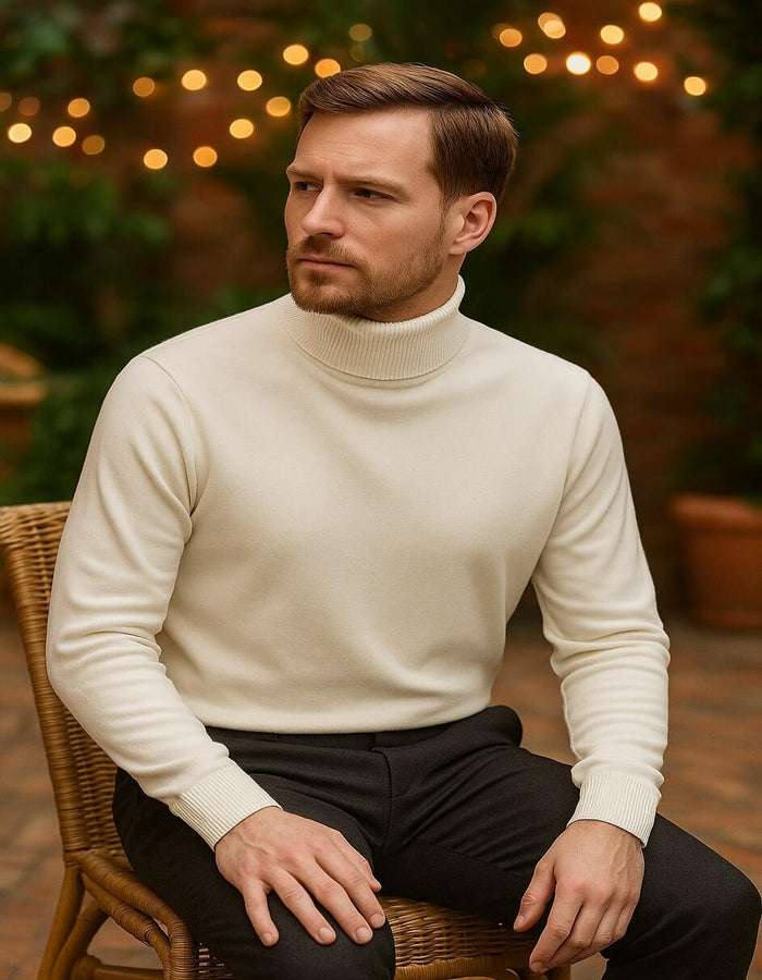 Men's Ivory Turtleneck Sweater â€“ Classic Slim Fit Knit Pullover for Winter Elegance - Cream