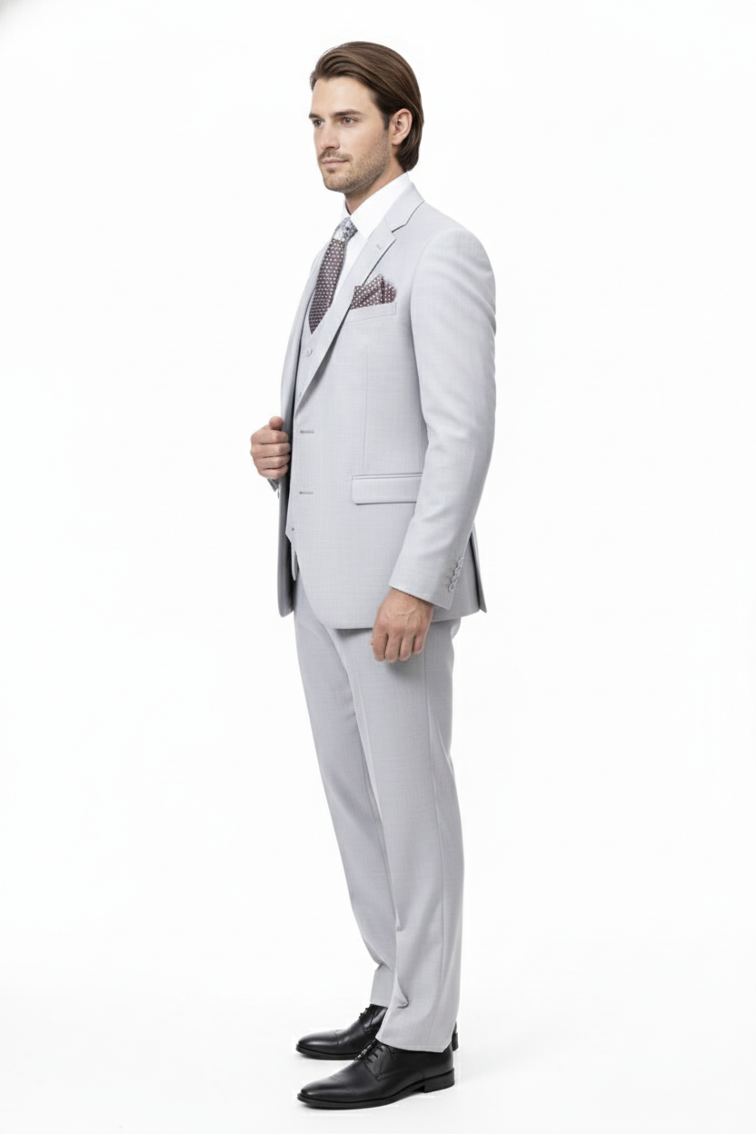 Menâ€™s Very Light Gray Three-Piece  Wedding Suit 2 Buttons Modern or Slim Fit  Ash Bone Color Steel Grey - 34 Short or Extra Small
