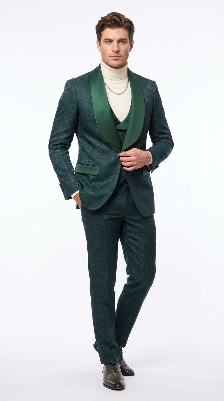 Mens Hunter Green Wedding Tuxedo Suit – Paisley Pattern Three Piece Formal Suit Set with Shawl Lapel for Groom, Prom in Emerald green - 34 Short or Extra Small