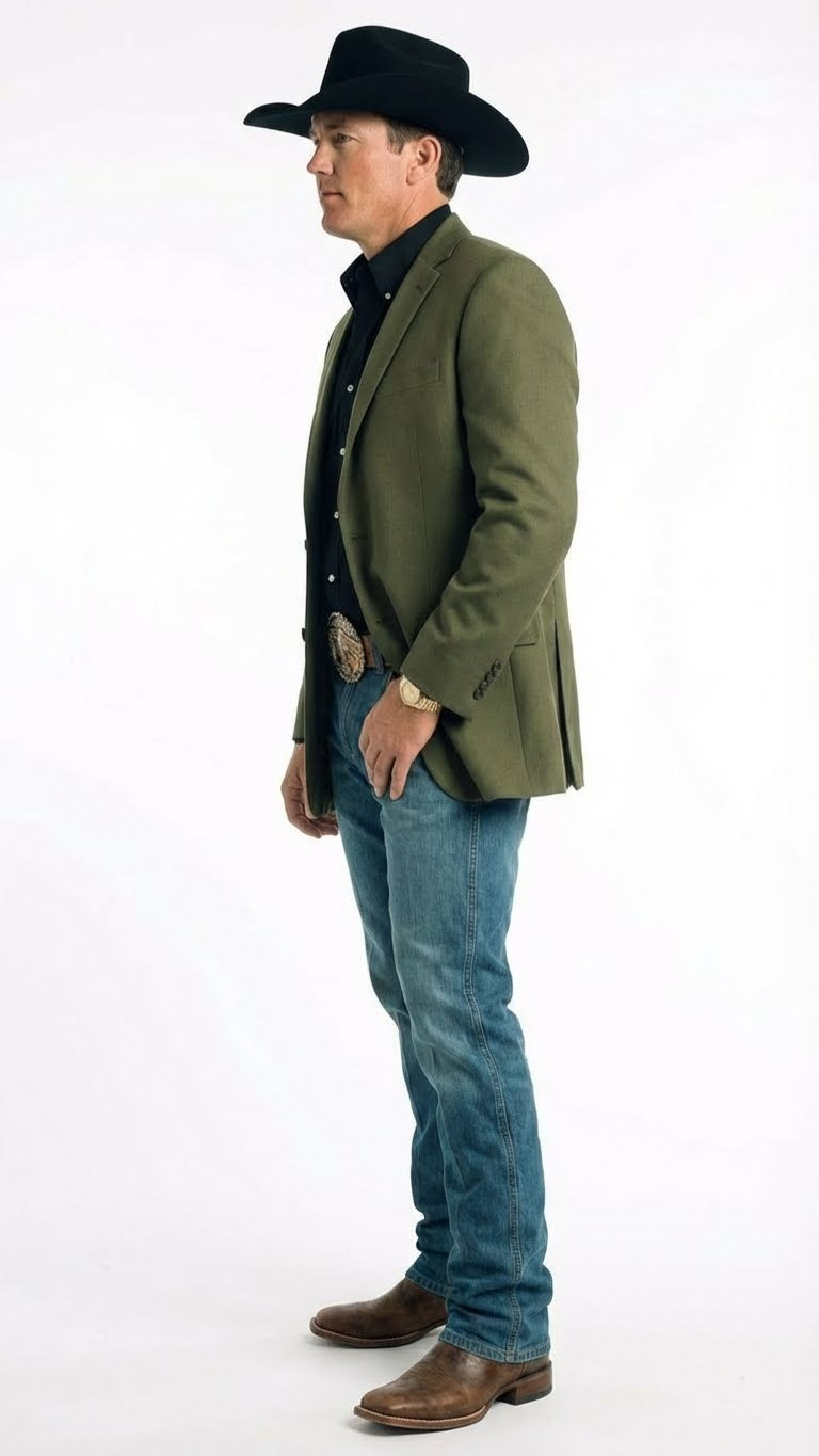 Men’s Olive Green Western Blazer Jacket, Classic Cowboy Style Sport Coat for Casual Formal Wear with Jeans - 36 Short