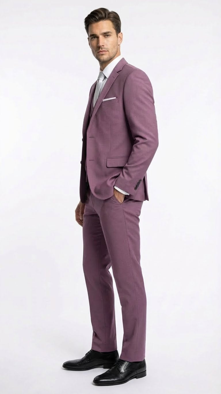 Men’s Mauve Three-Piece Suit – Slim Fit Formal Blazer, Vest, and Trousers for Weddings Rose Gold Pinkish Color - 34 Short or Extra Small